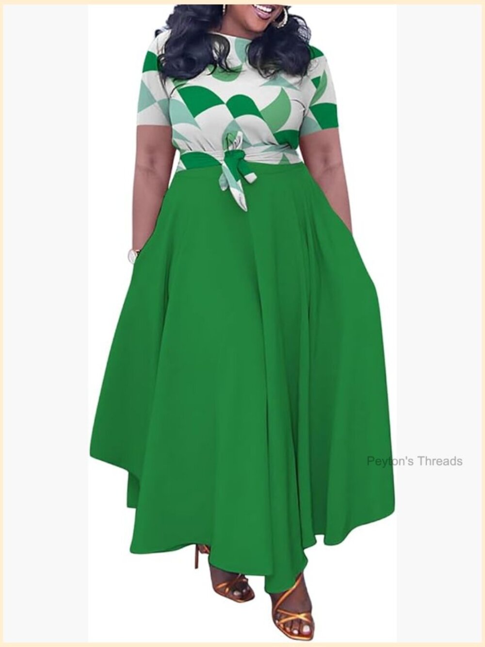 Plus Size A Line Maxi Dress with Belt 3/4 Sleeve Casual Long Dress